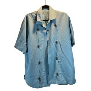 Caribbean Blue Mens XL Embroidered Palm Tree Design Short Sleeve Button Up Shirt